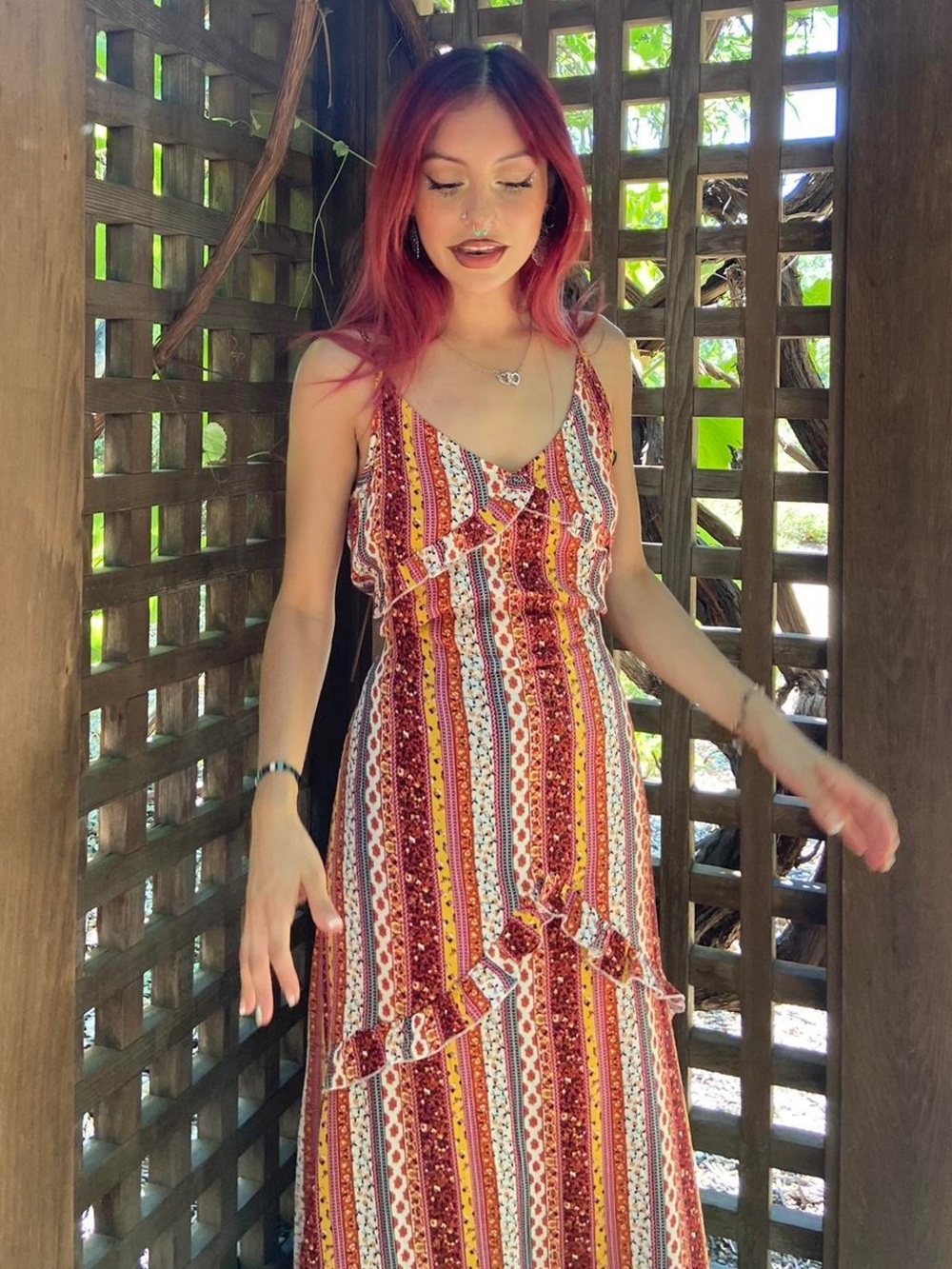 Rust Multi Stripe High-Low Maxi Dress by Rose & Olive